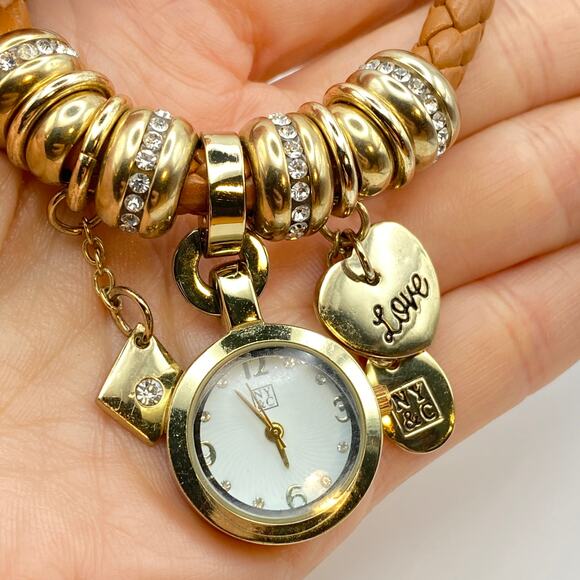 Signed NY&C Watch Charm Bracelet Heart Love Woven Brown Leather Gold Tone - 7" - Picture 2 of 10